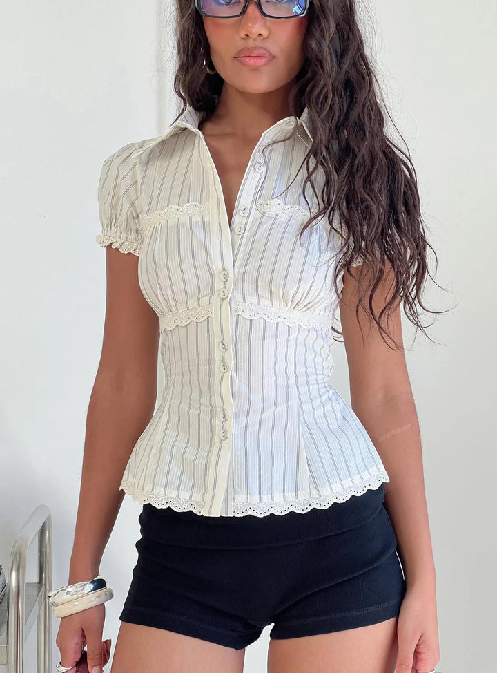 Cream Stripe Puff Sleeve Top