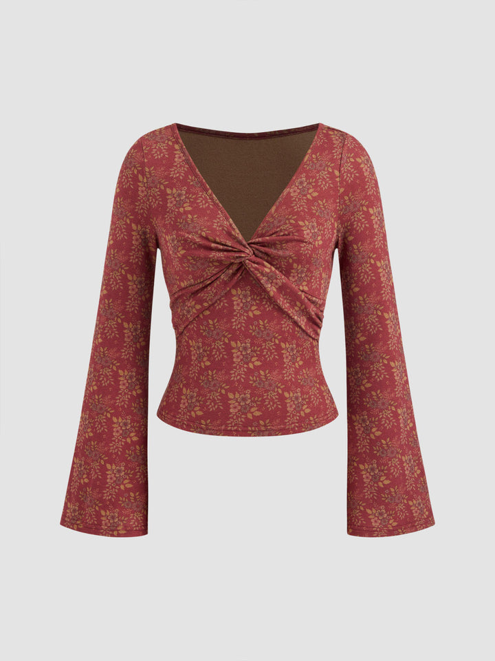 V-neck Floral Twist Long Sleeve Top