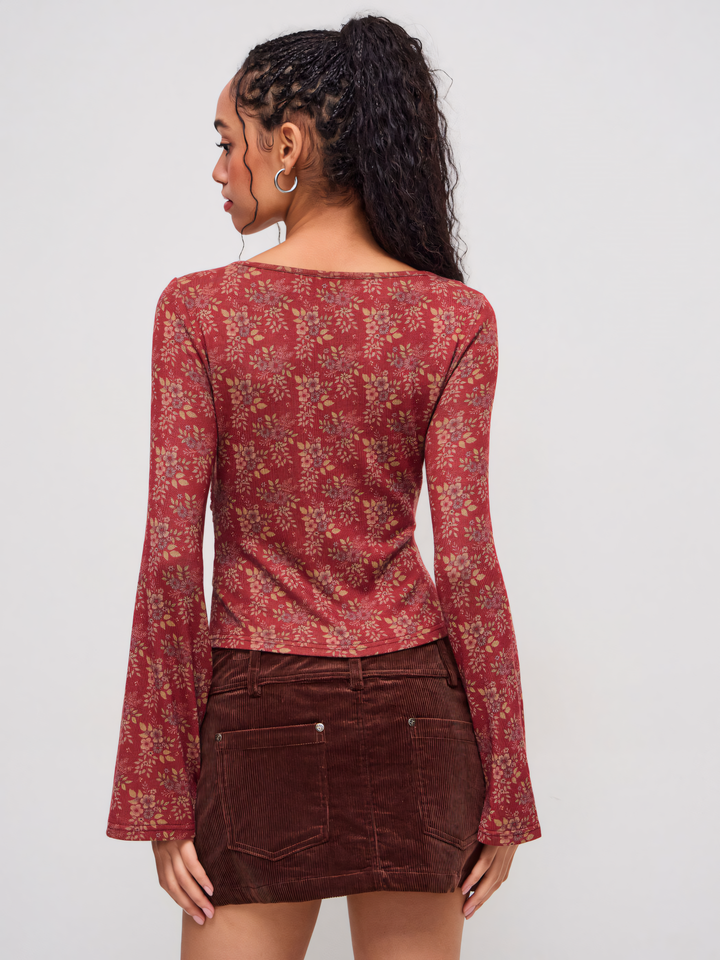 V-neck Floral Twist Long Sleeve Top
