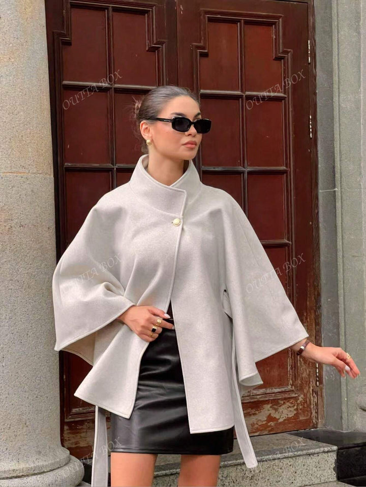 Wool Blend Poncho Coat with Waist Tie