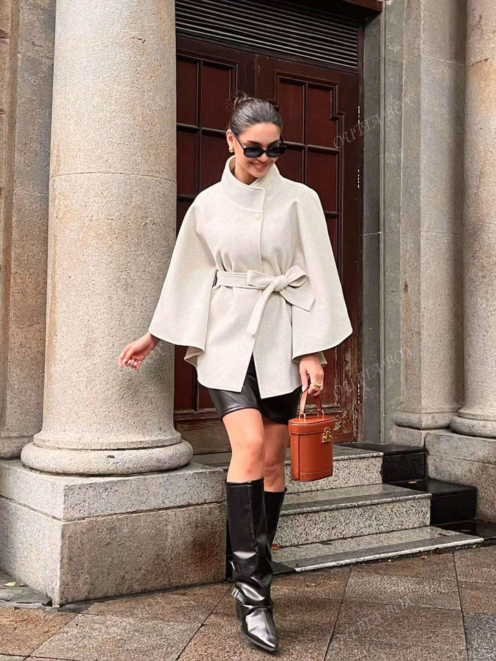 Wool Blend Poncho Coat with Waist Tie