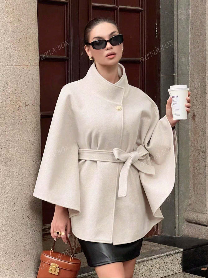 Wool Blend Poncho Coat with Waist Tie