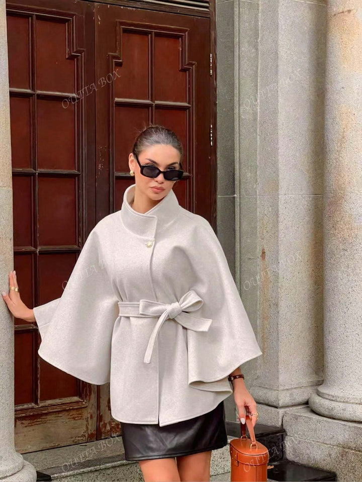 Wool Blend Poncho Coat with Waist Tie