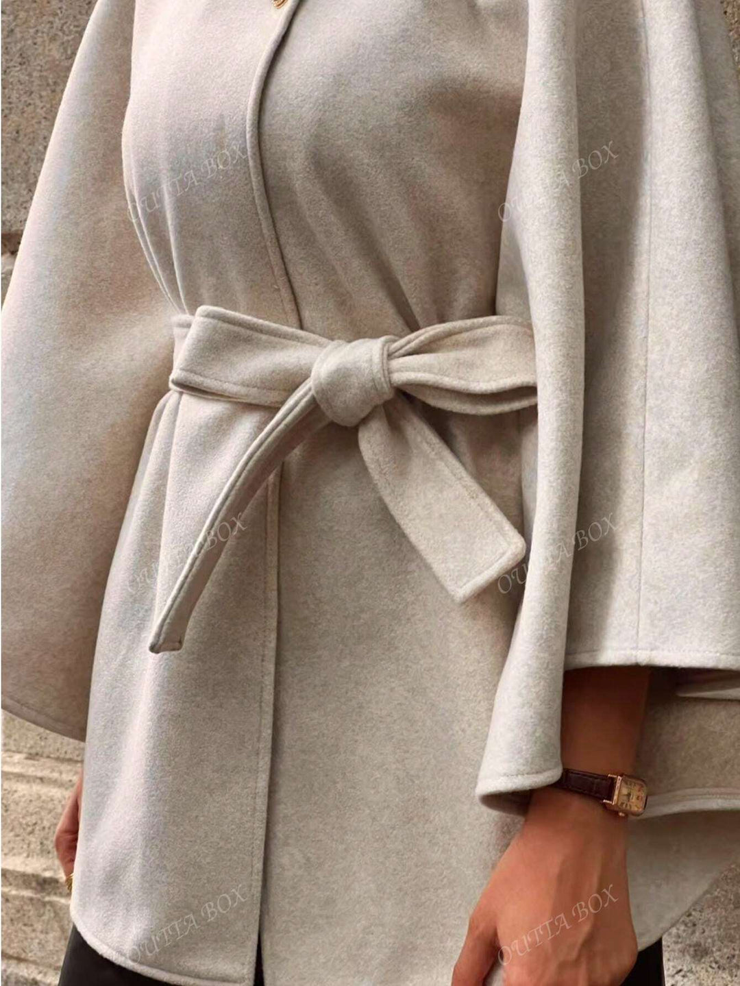 Wool Blend Poncho Coat with Waist Tie