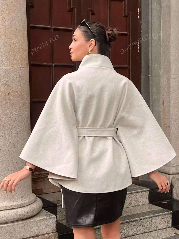 Wool Blend Poncho Coat with Waist Tie