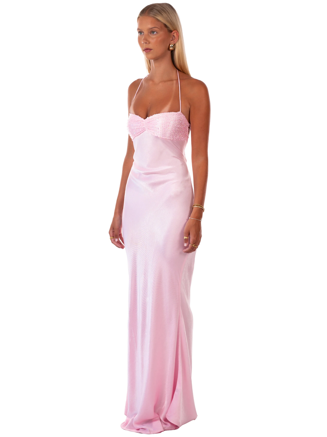 Rosalie Sequin Halter Satin Gown