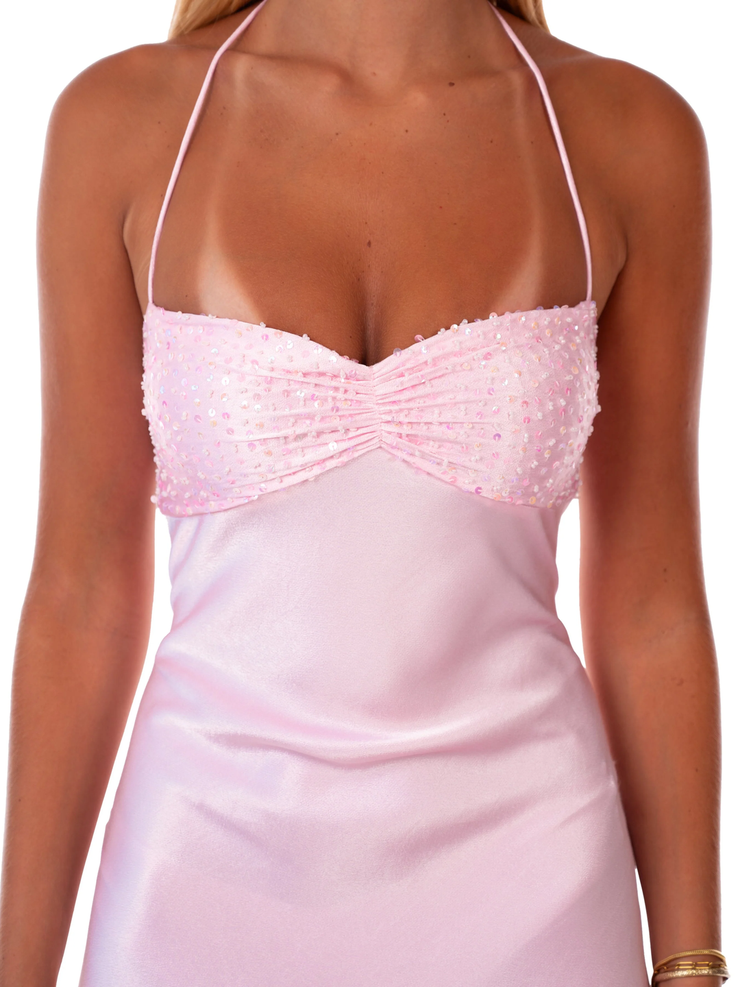 Rosalie Sequin Halter Satin Gown