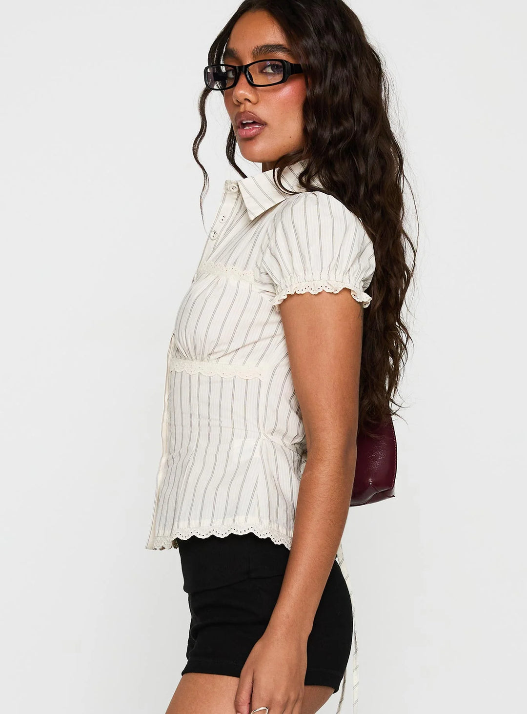 Cream Stripe Puff Sleeve Top