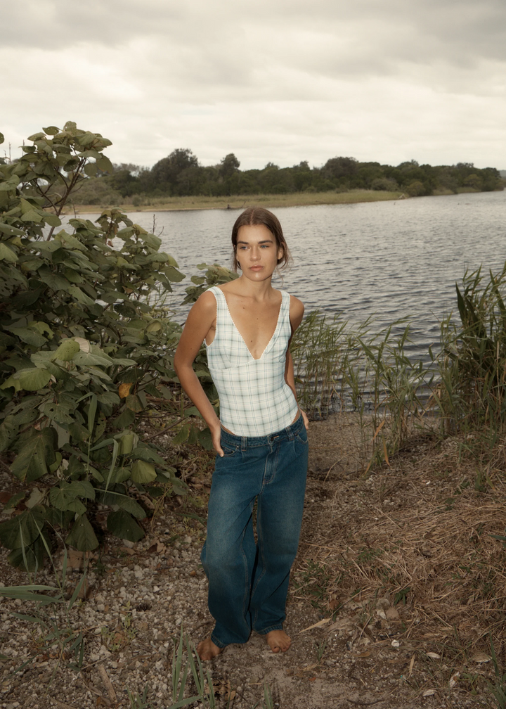 Soft Check Plunge Top
