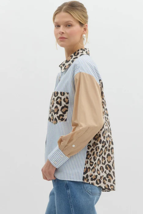 Leopard Patch Striped Shirt
