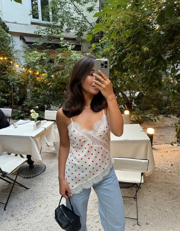 Amelie Satin Polkadot Lace Top