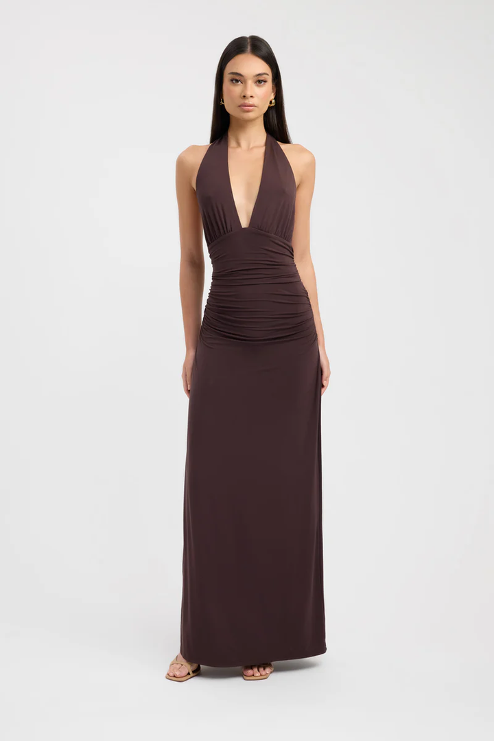 Chocolate Whisper Halter Maxi Dress