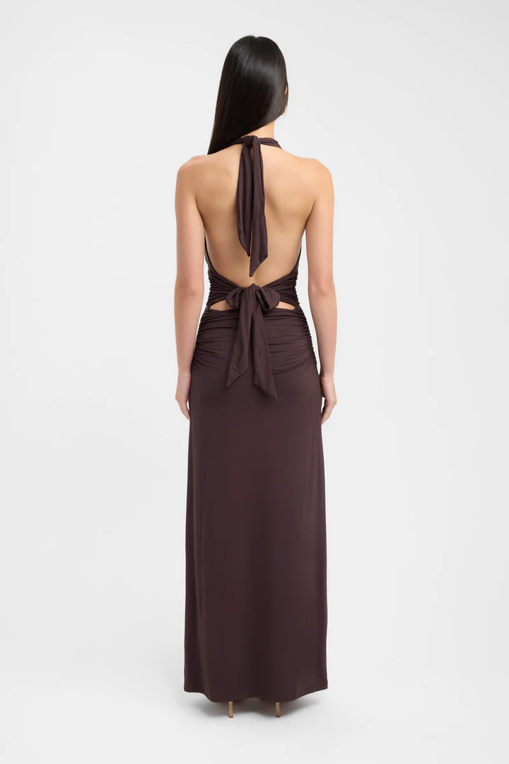 Chocolate Whisper Halter Maxi Dress