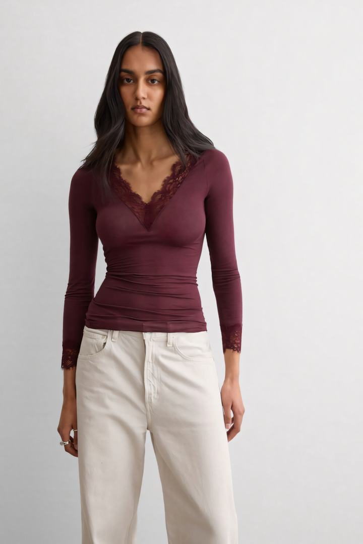 Wine Lace V Neck Top