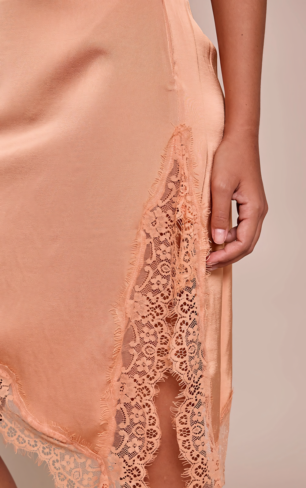 Peach Satin Lace Midi Skirt