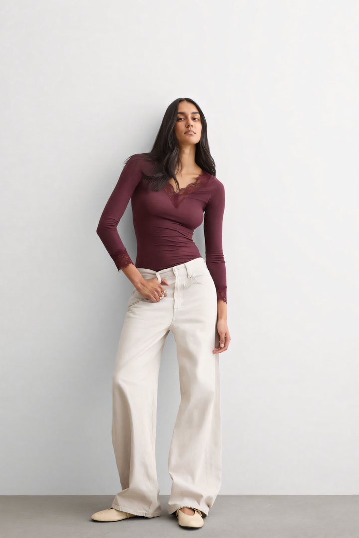 Wine Lace V Neck Top